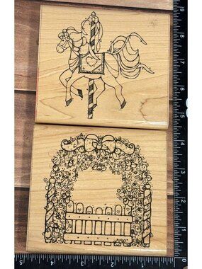 Lot of 2 DOTS Carousel Horse R-103 & Rose Garden C-118 Wood Mounted Rubber Stamp